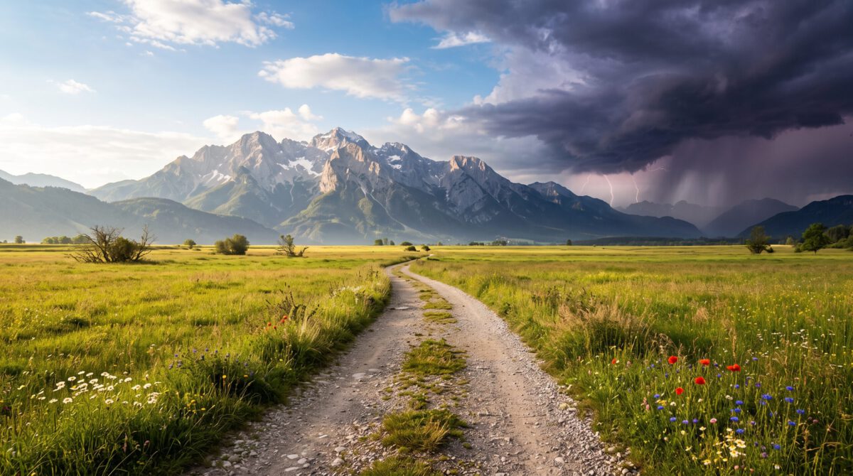 Ein Weg in eine Berglandschaft zwischen Sonnenschein und aufziehendem Gewitter